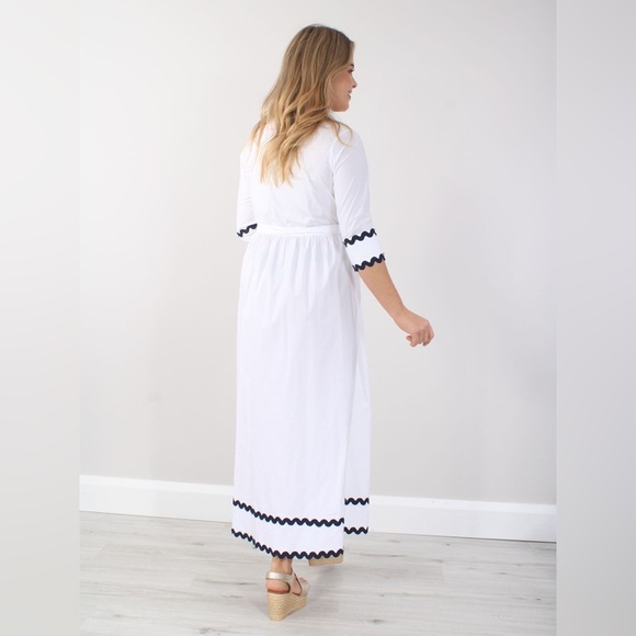 Vilagallo Natalia White Poplin Ricrac Trim Belted Button Down Shirt Dress 44 - Picture 2 of 8